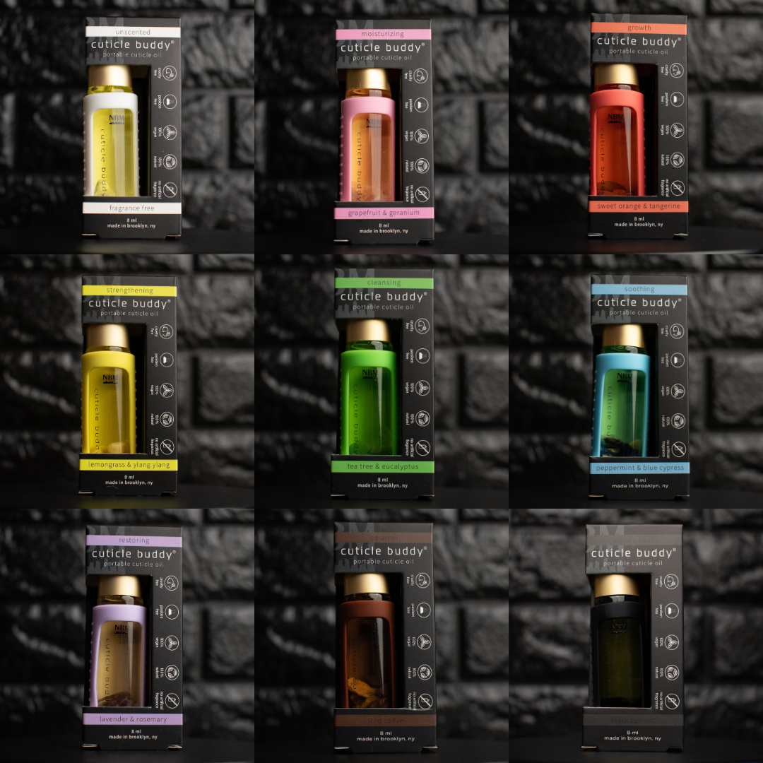 collage of 9 bottles of cuticle oil in different scents and silicone holders in their packaging boxes