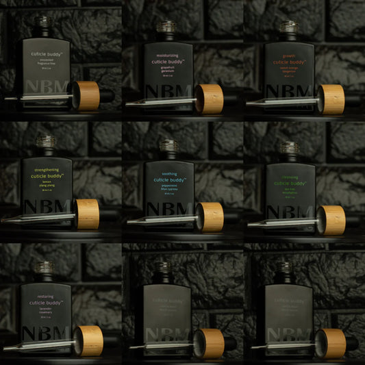 A collage of 9 Cuticle Buddy refill bottles with removed wooden droppers in various scent options on a black background