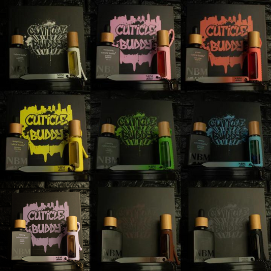 a collage of 9 different boxes, each in a different scents and color that says cuticle buddy and features a portable cuticle buddy, refill bottle and glass nail file