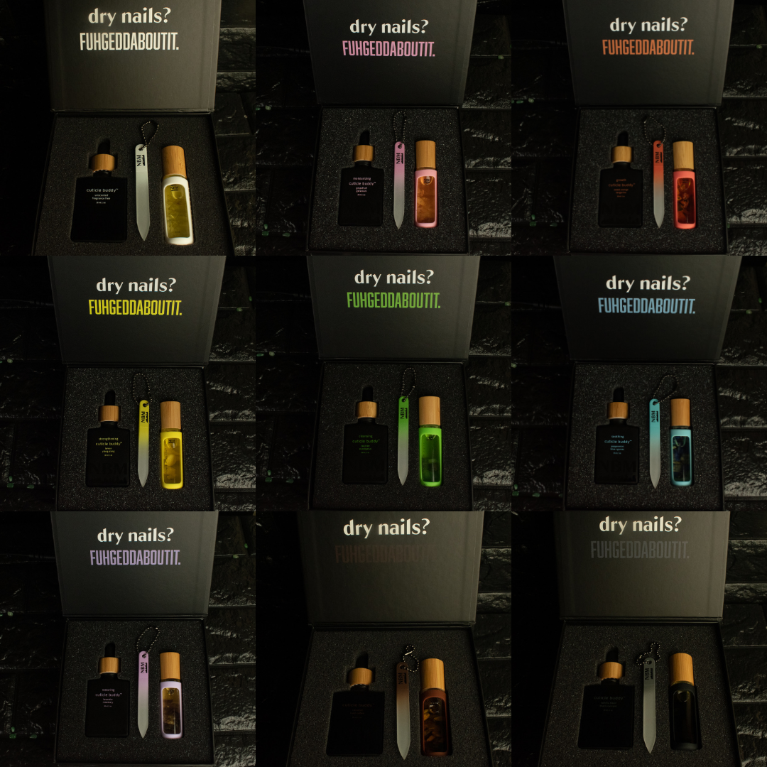 a collage of 9 different boxes, each in a different scents and color that says dry nails? fuhgeddaboutit. and features a portable cuticle buddy, refill bottle and glass nail file