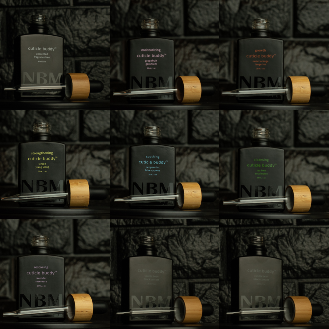 collage of 9 refill bottles in different colors and scents with removed wooden droppers on a black background