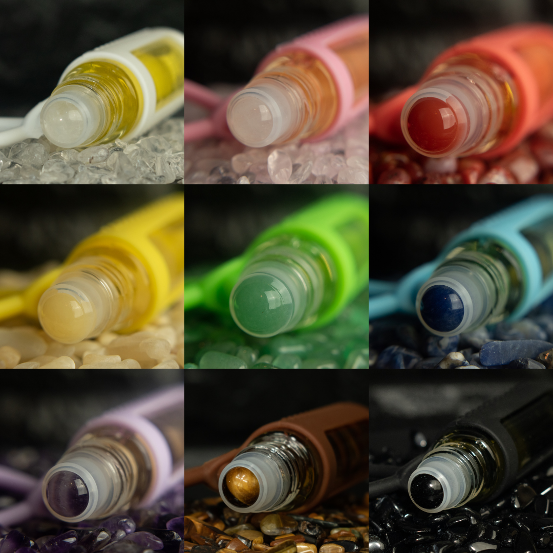 a collage of 9 different stone rollerballs