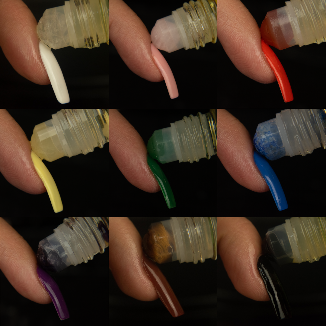 a collage of 9 images of rollerballs being rolled onto the cuticles of 9 fingers with a long nail in different colors