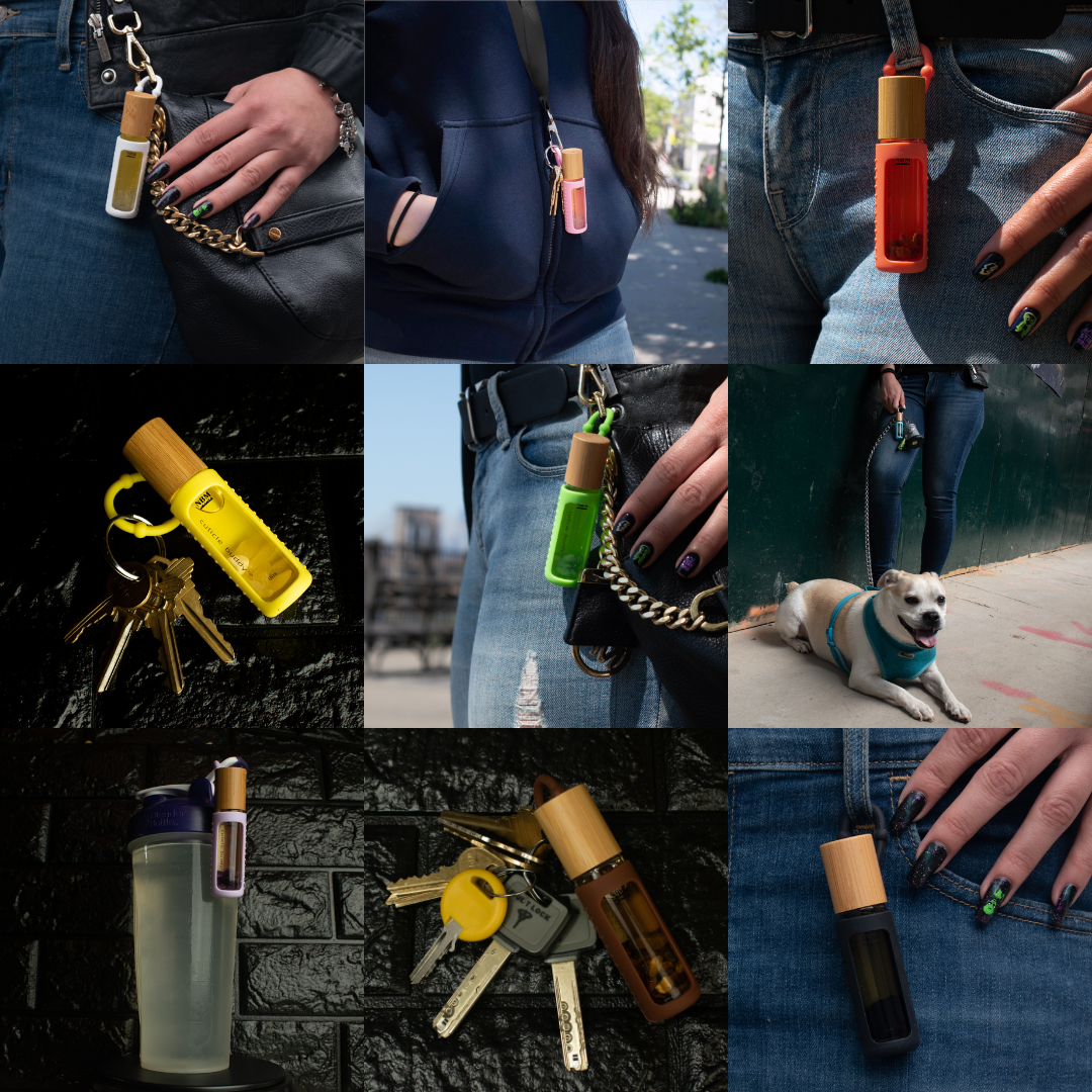 a collage of 9 different ways to wear a cuticle buddy including on a purse, a lanyard, a belt loop, keys, on a dog leash, and on a water bottle