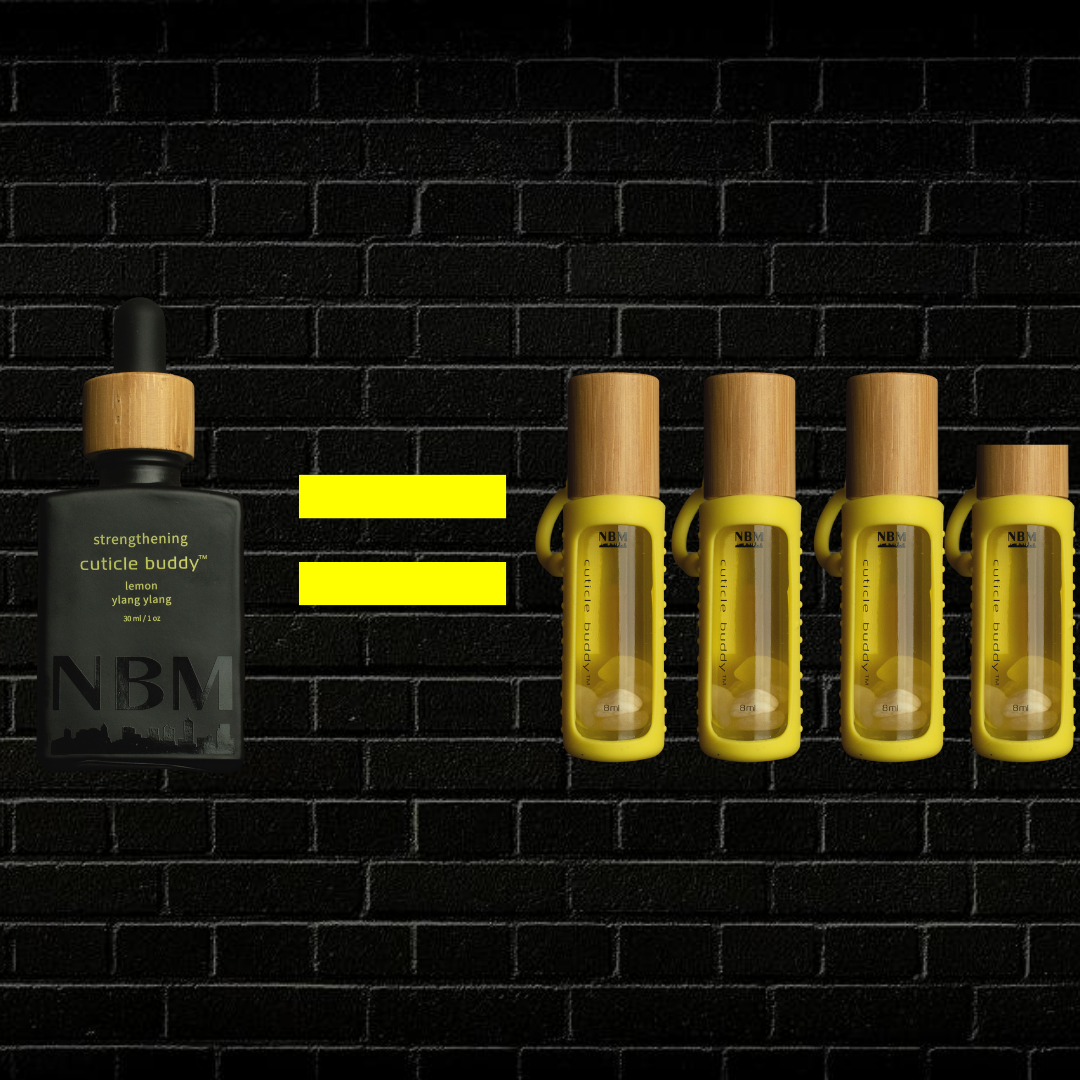 graphic showing 1 refill bottle equals almost 4 portable cuticle buddies