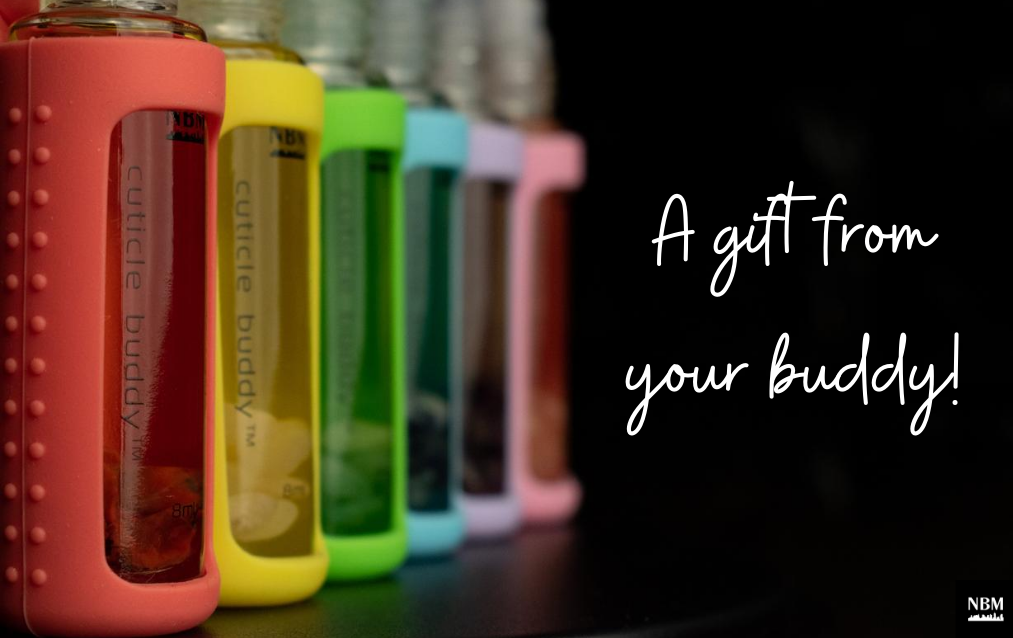 A gift card that says a gift from your buddy with an image of 6 cuticle buddies in rainbow order