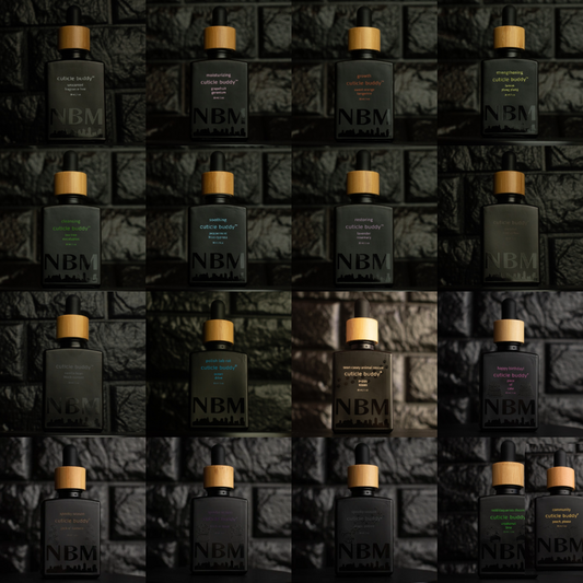 a collage of black refill cuticle oil cuticle buddy bottles on a black brick background