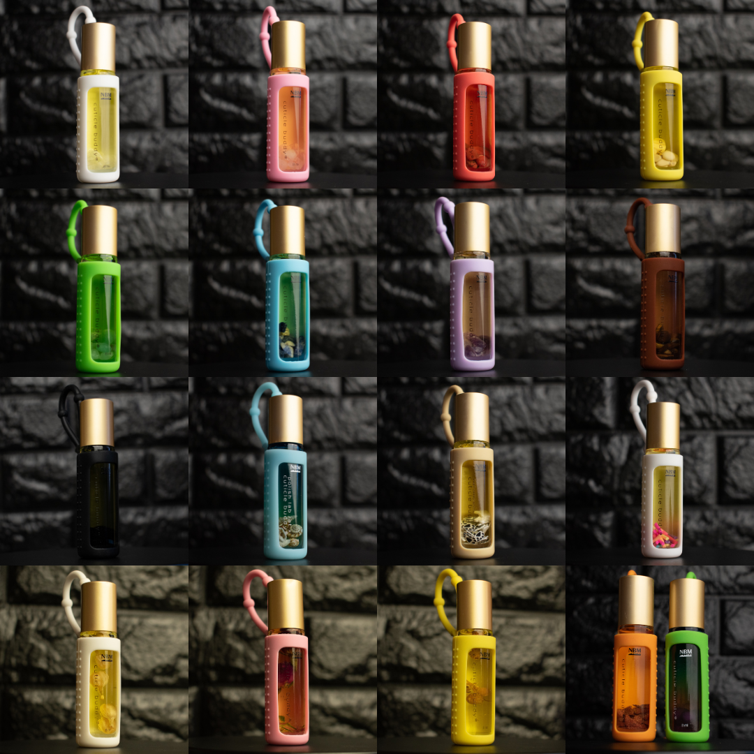 Collage of small cuticle oil bottles with colorful silicone holders against a dark brick wall.