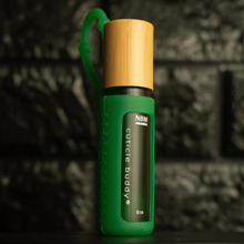 Load image into Gallery viewer, frosted green glass bottle in a green jelly silicone holder with a bamboo cap
